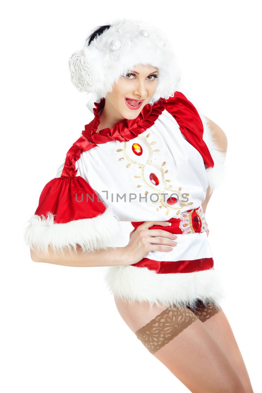 Stylish flirting lady in the warm furry clothes on a white background