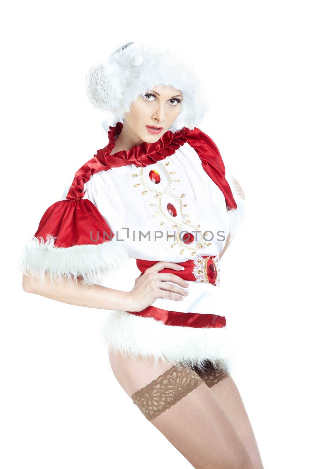 Stylish lady in the warm furry clothes on a white background