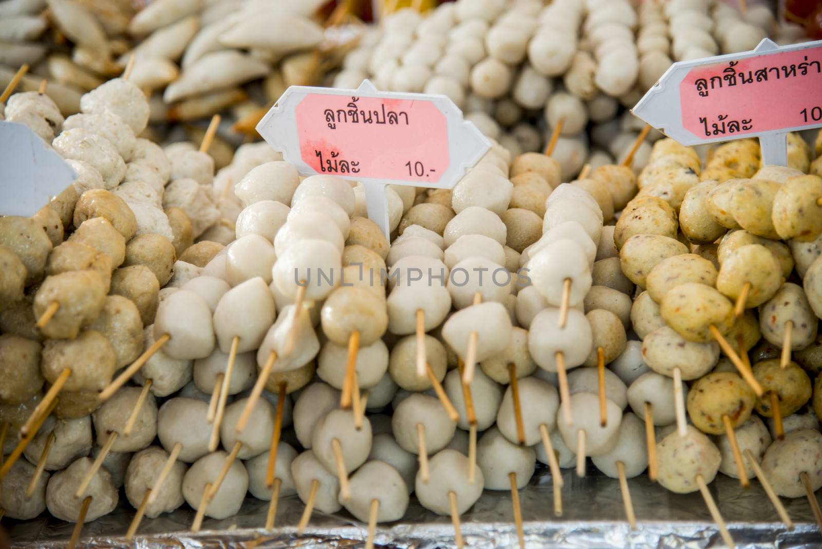 Fish meat ball in stick for sale 10 baht per stick by gjeerawut