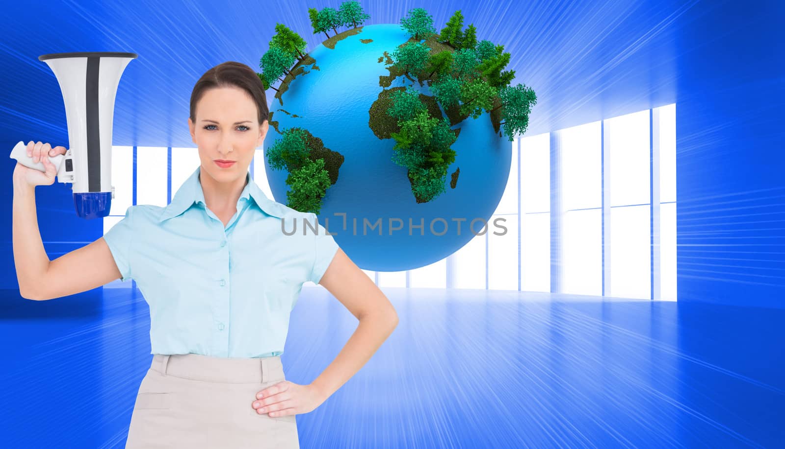 Composite image of stern classy businesswoman holding megaphone while posing