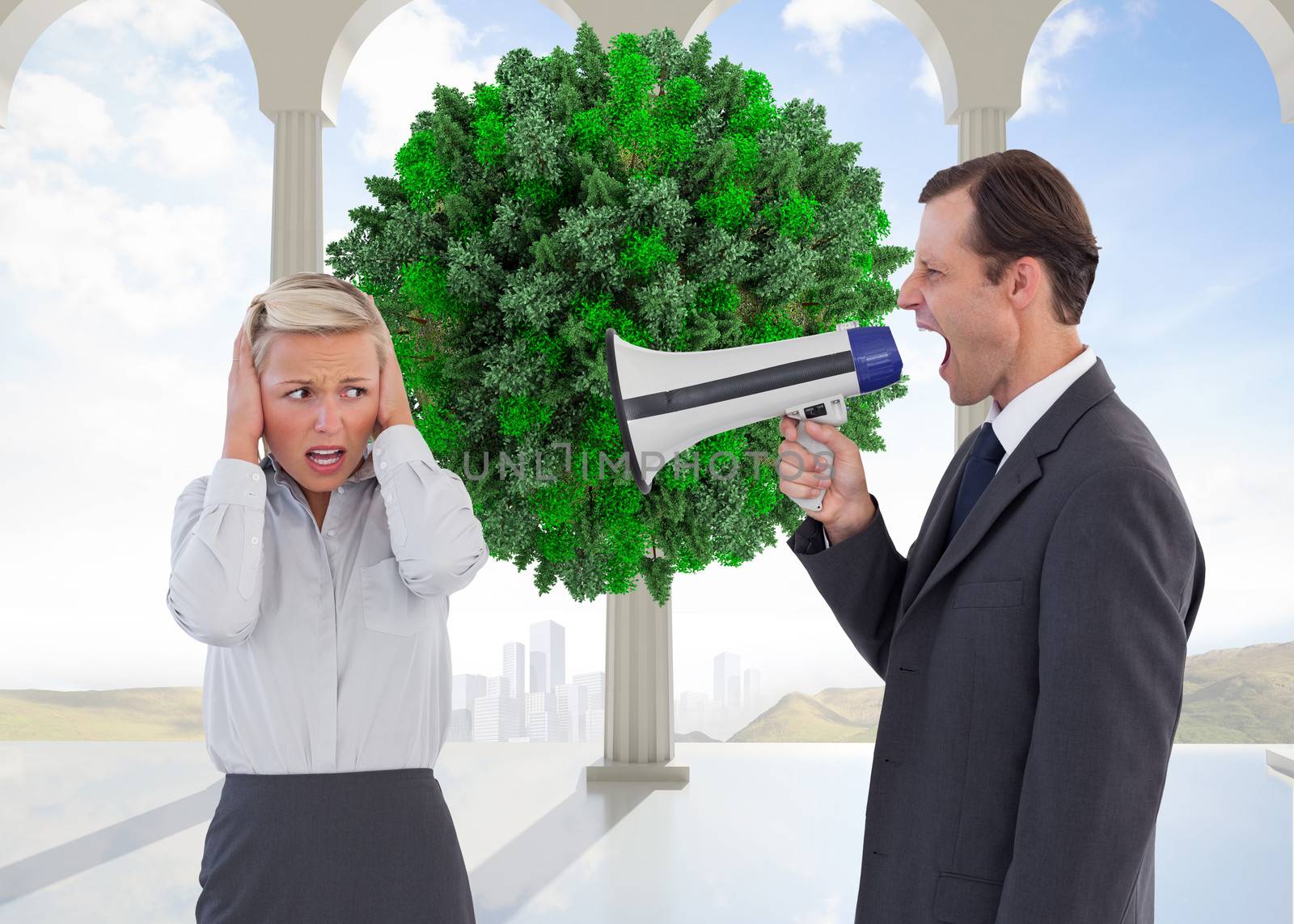 Composite image of businessman shouting at colleague with his bullhorn by Wavebreakmedia