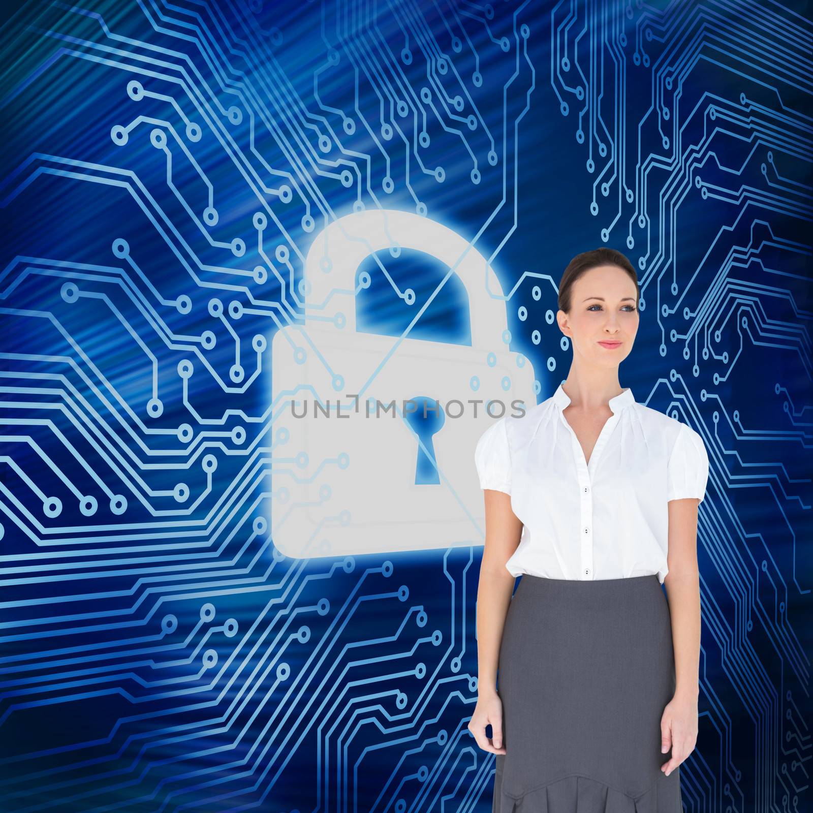 Composite image of content businesswoman posing by Wavebreakmedia