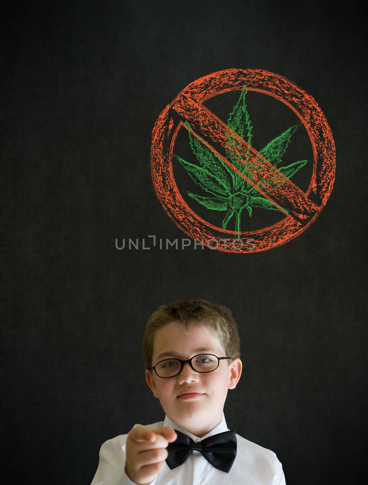 Education needs you thinking boy dressed up as business man with no weed marijuana on blackboard background