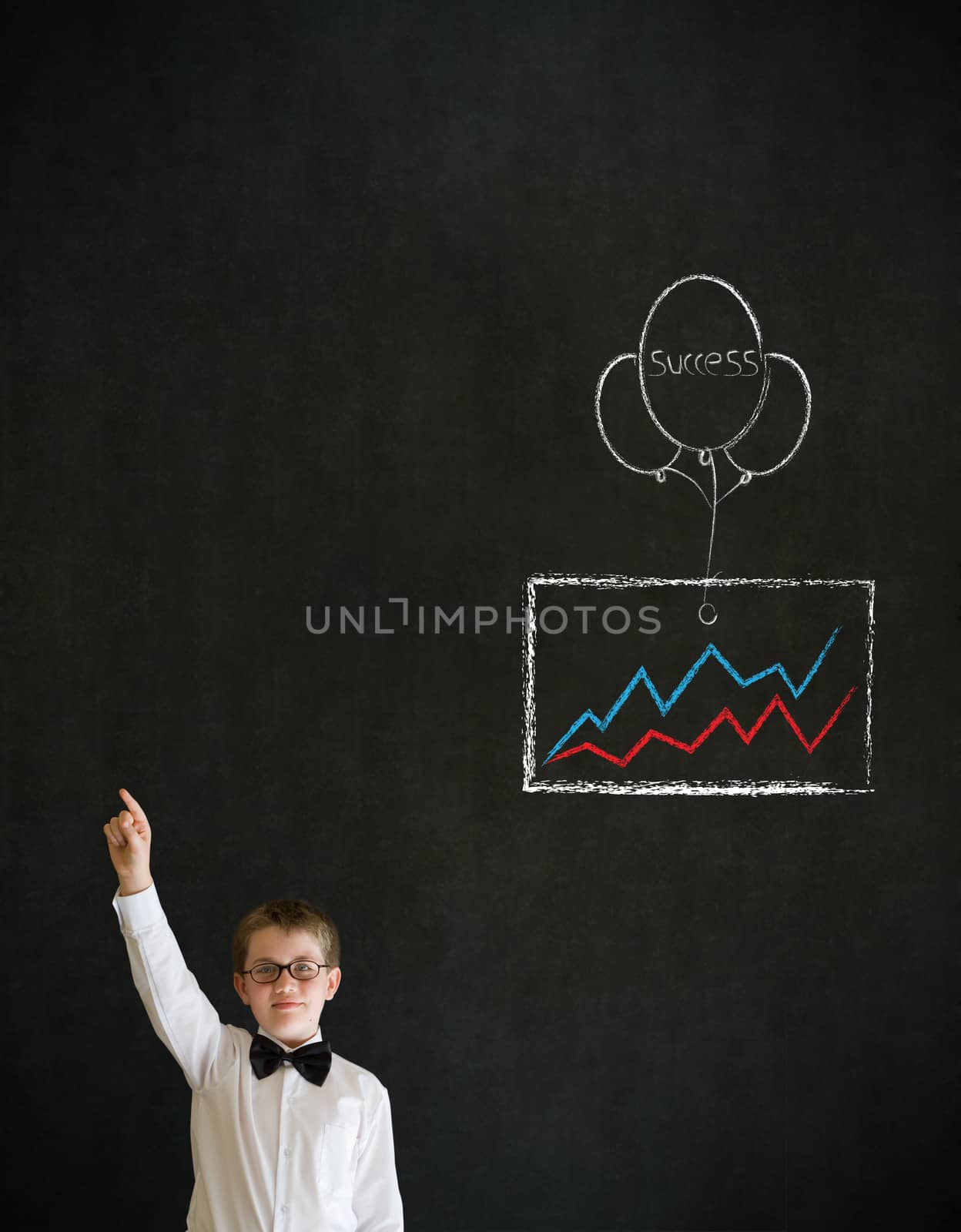 Hand up answer boy dressed up as business man with chalk success graph and balloon on blackboard background