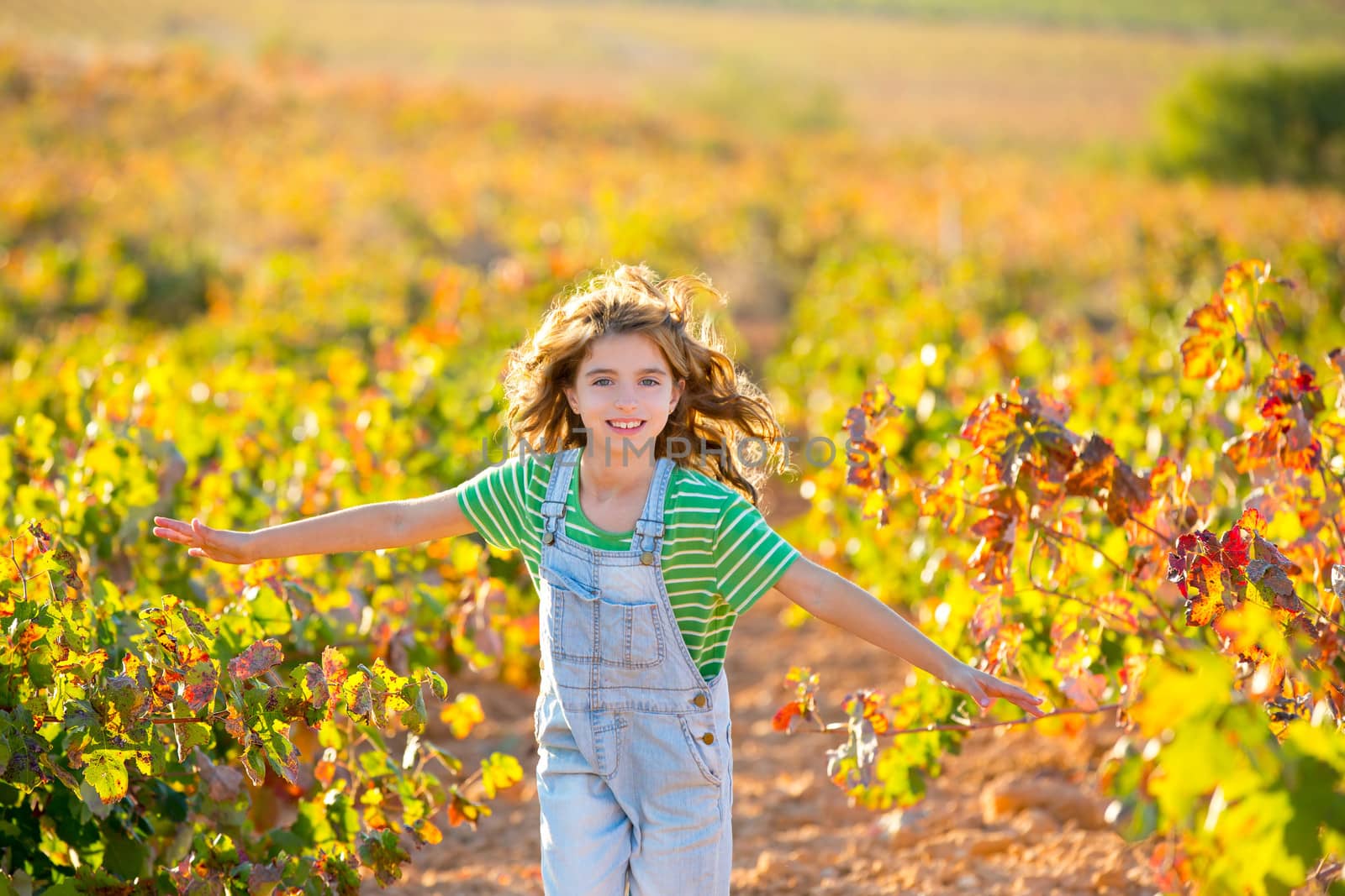 kid farmer girl running in vineyard field in autumn by lunamarina