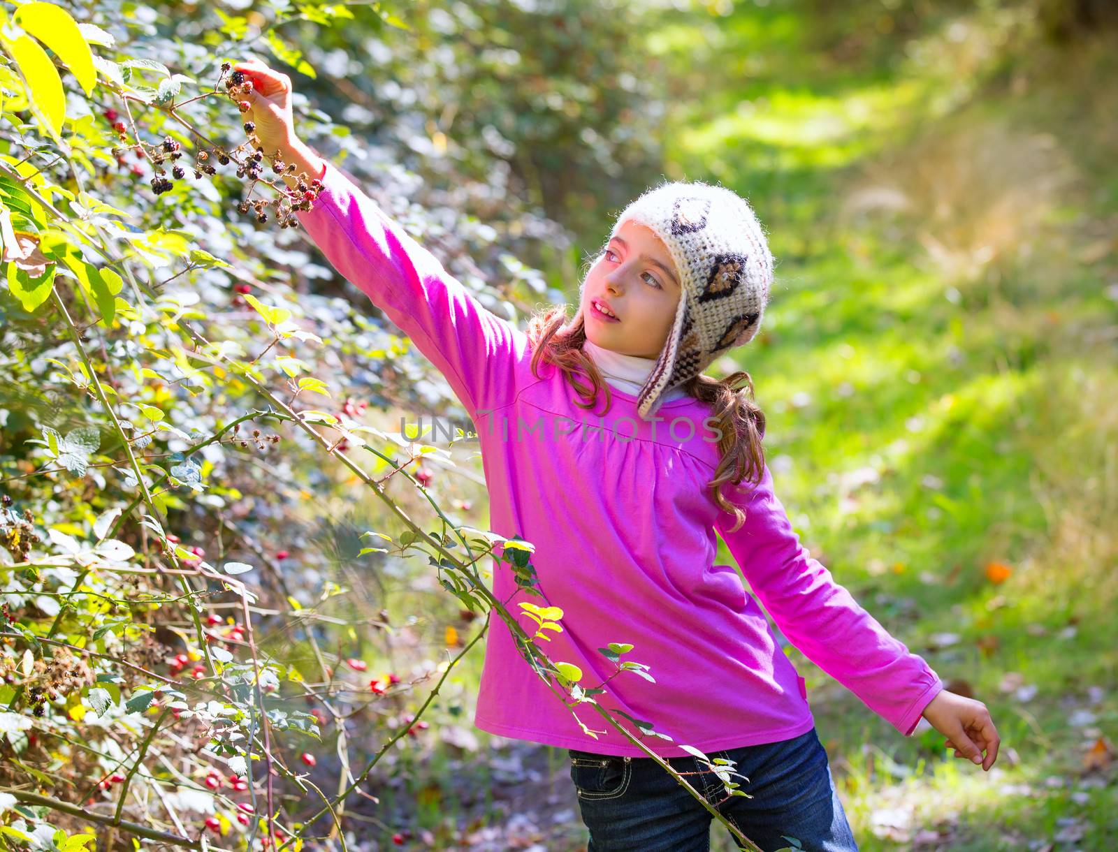 kid winter girl picking mulberry berries in the forest with wool cap