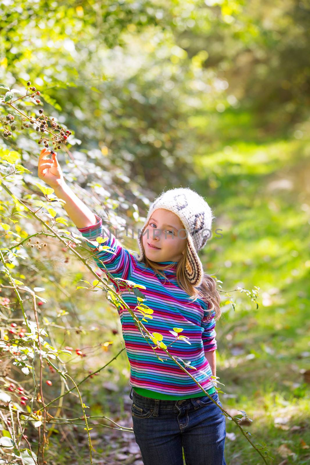 kid winter girl picking mulberry berries in the forest with wool cap