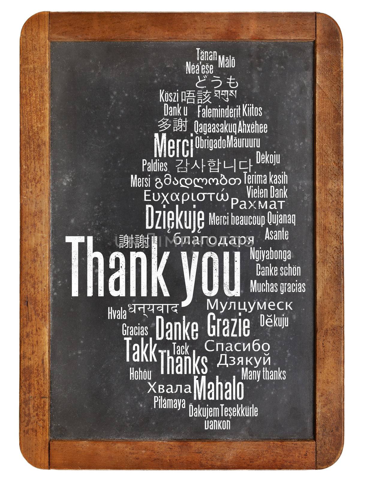 thank you in different languages - word cloud on a  vintage slate blackboard