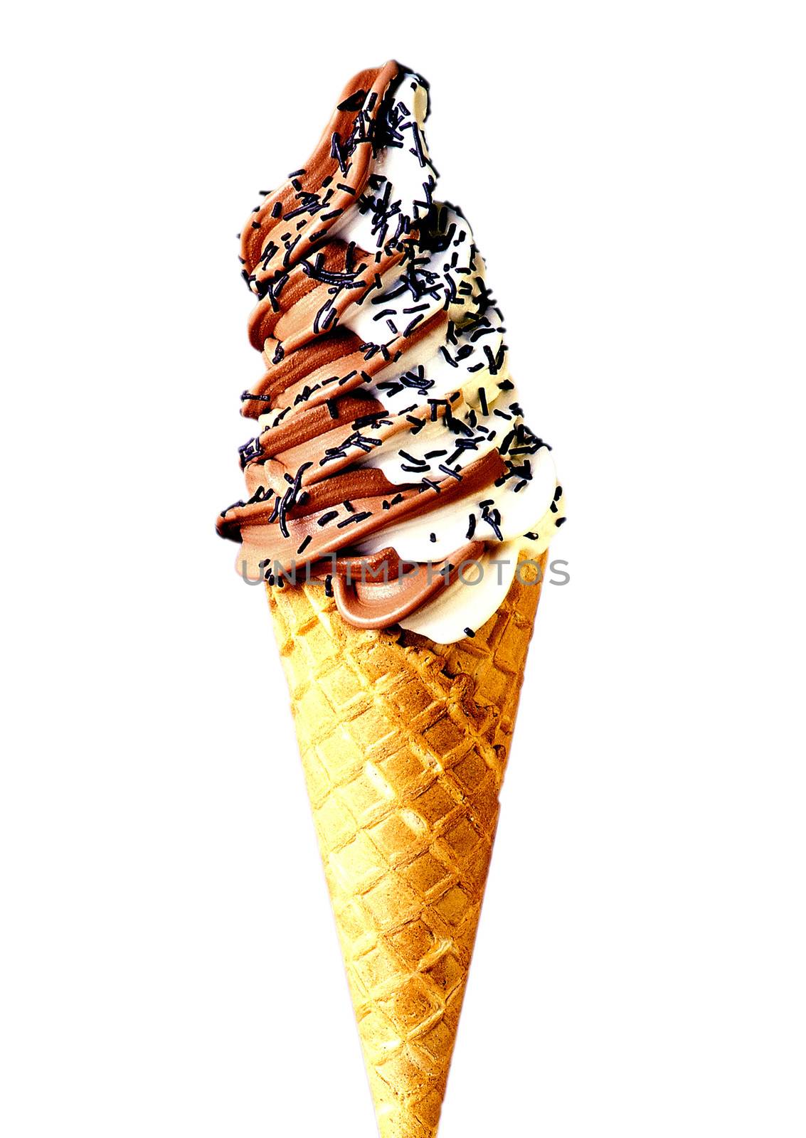 Mixed vanilla and chocolate flavour ice cream cone - isolated.