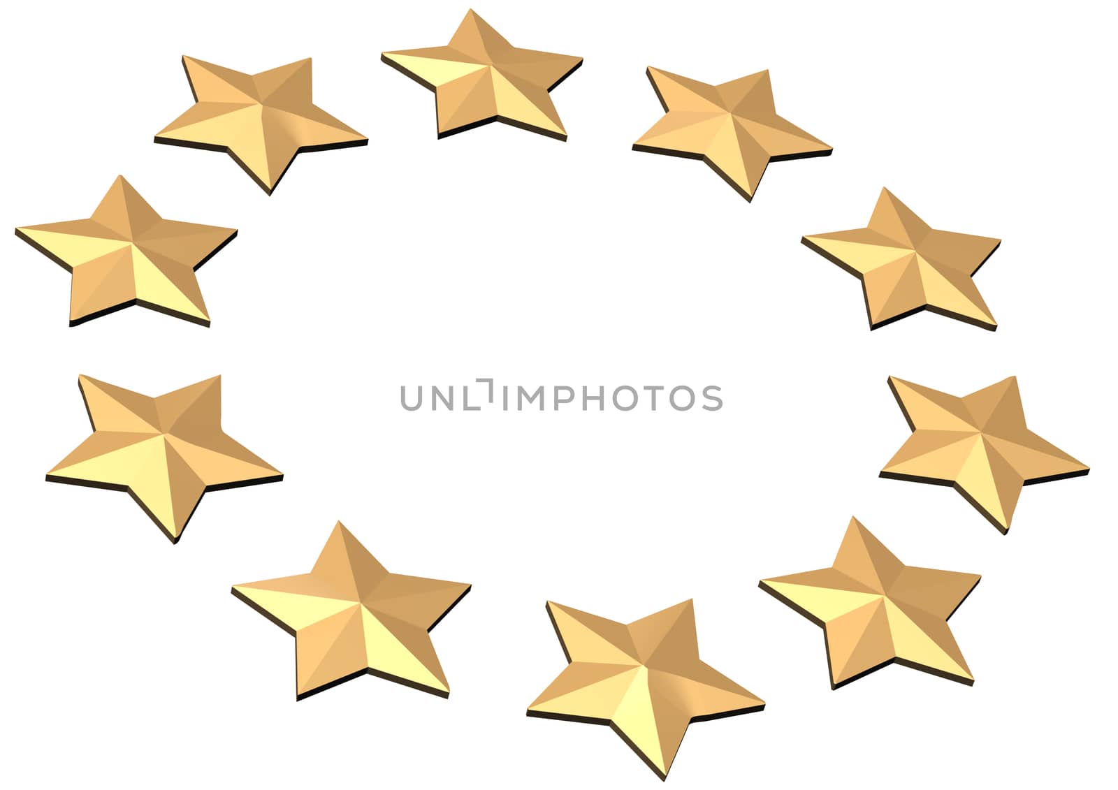 Gold Stars. Isolated on white. Three dimensional render.