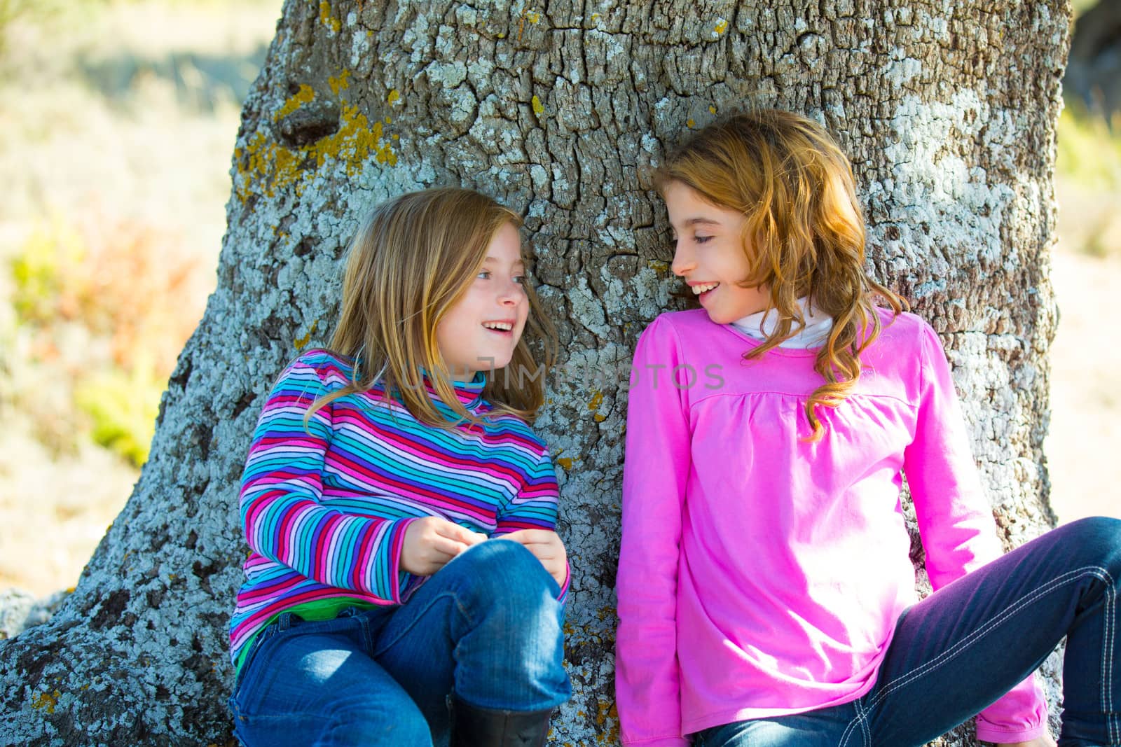 Sister kid girls smiling sit relaxed in a oak tree trunk by lunamarina