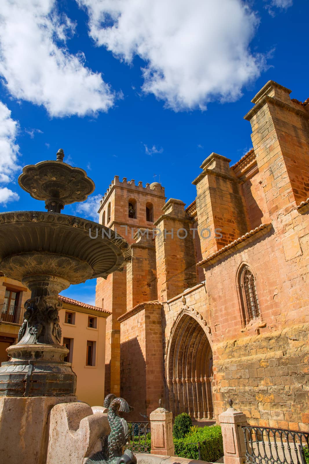 Mora de Rubielos Teruel church of XV century with fountain in Spain