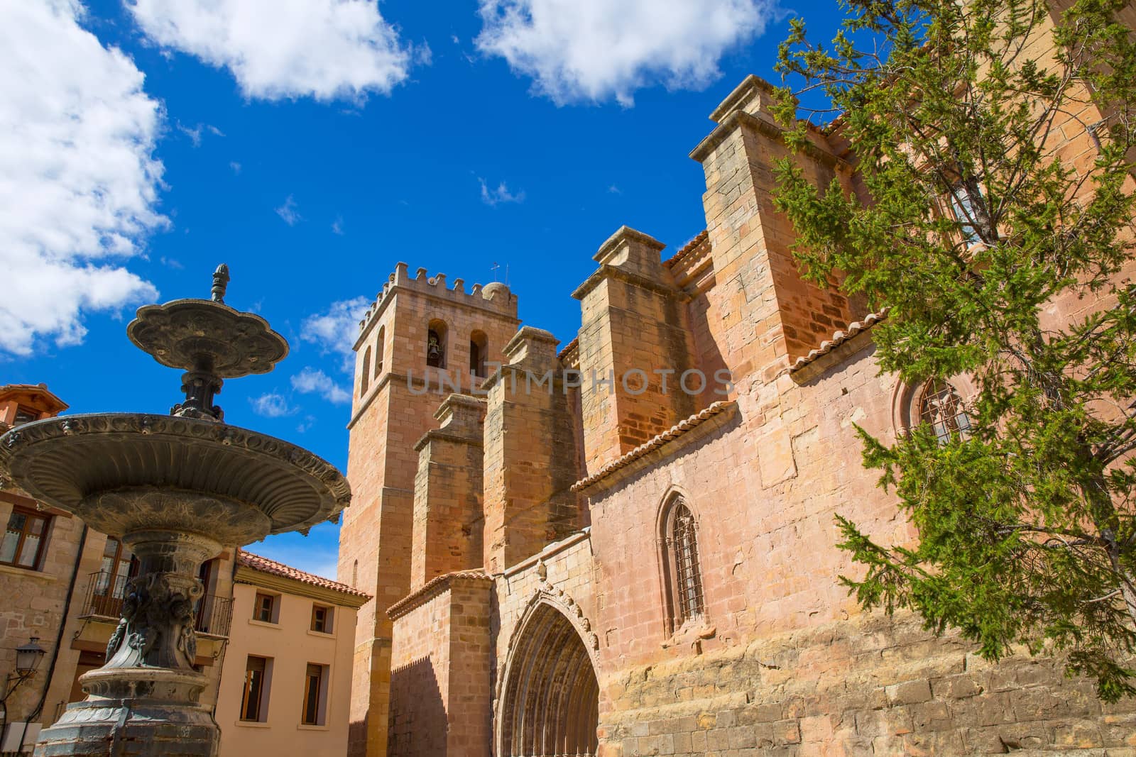 Mora de Rubielos Teruel church of XV century with fountain in Spain