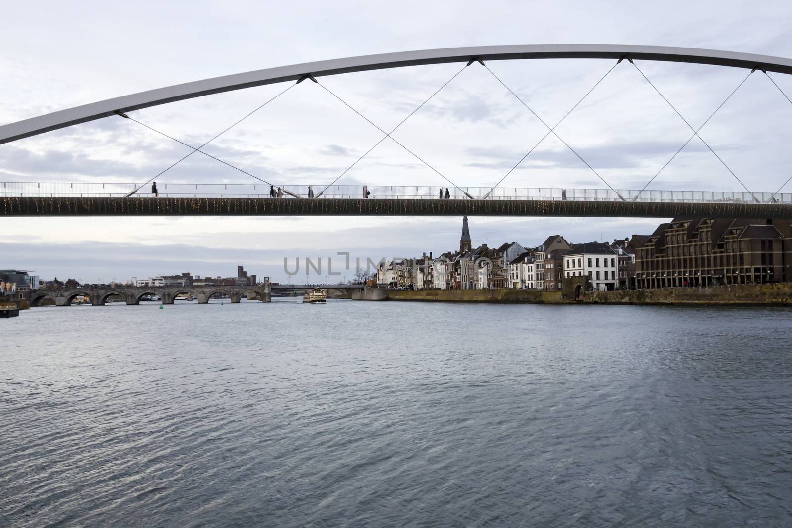 High bridge and Saint Servatius Bridge over the Maas river in Maastricht, Netherlands
