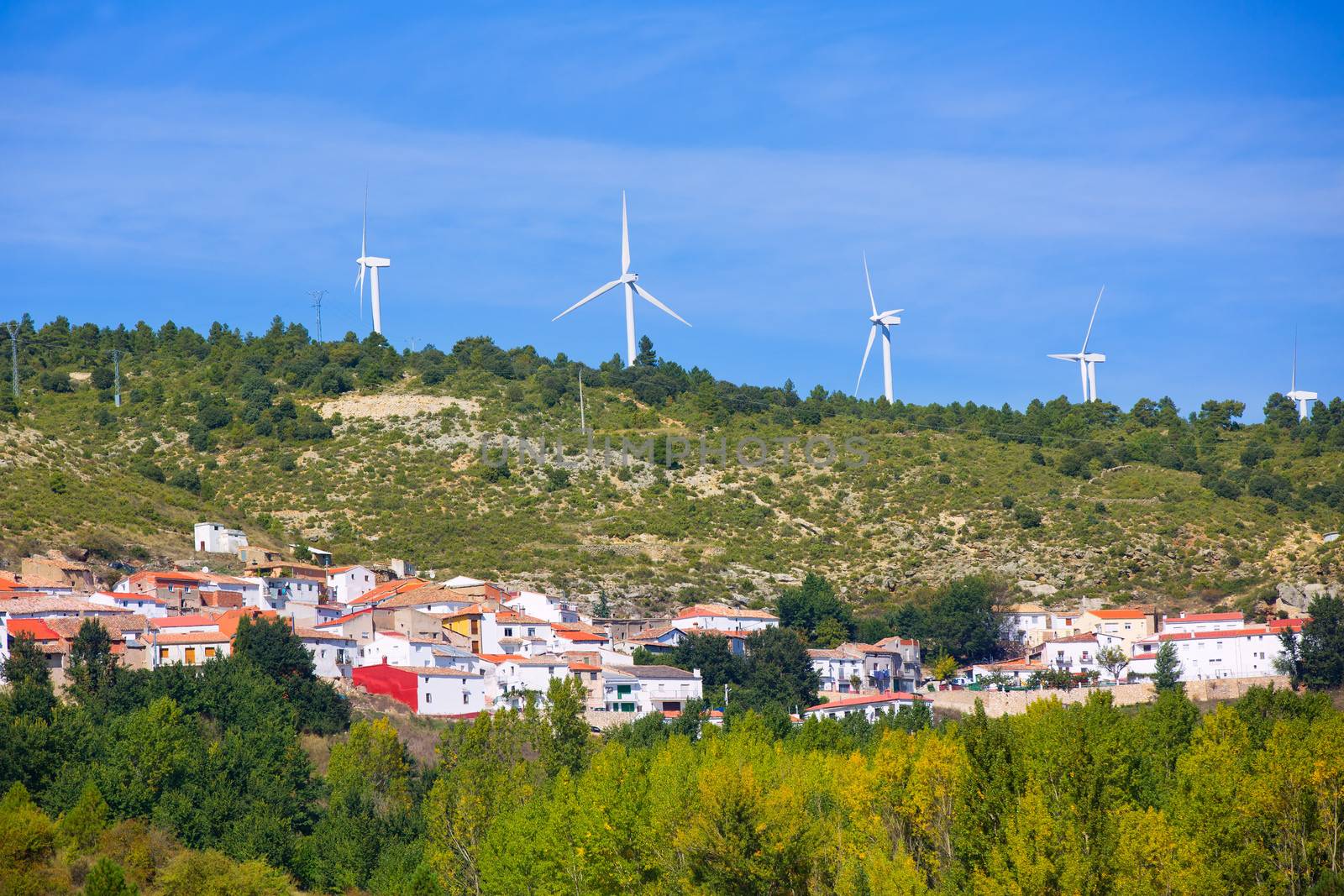 Cuenca San Martin de Boniches village with windmills in early autumn Spain