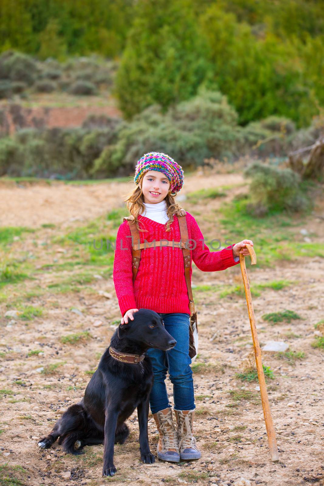Kid girl shepherdess happy with dog and flock of sheep by lunamarina