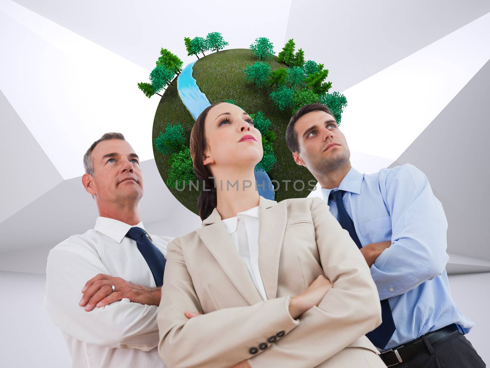 Composite image of serious work team posing together looking away