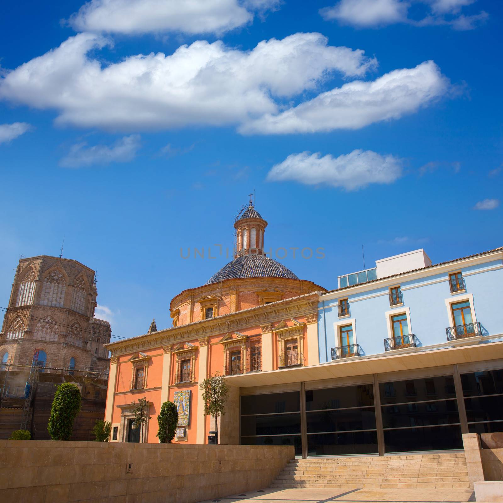 Valencia downtown cathedral and basilica in Plaza Cors Mare de Deu at Spain