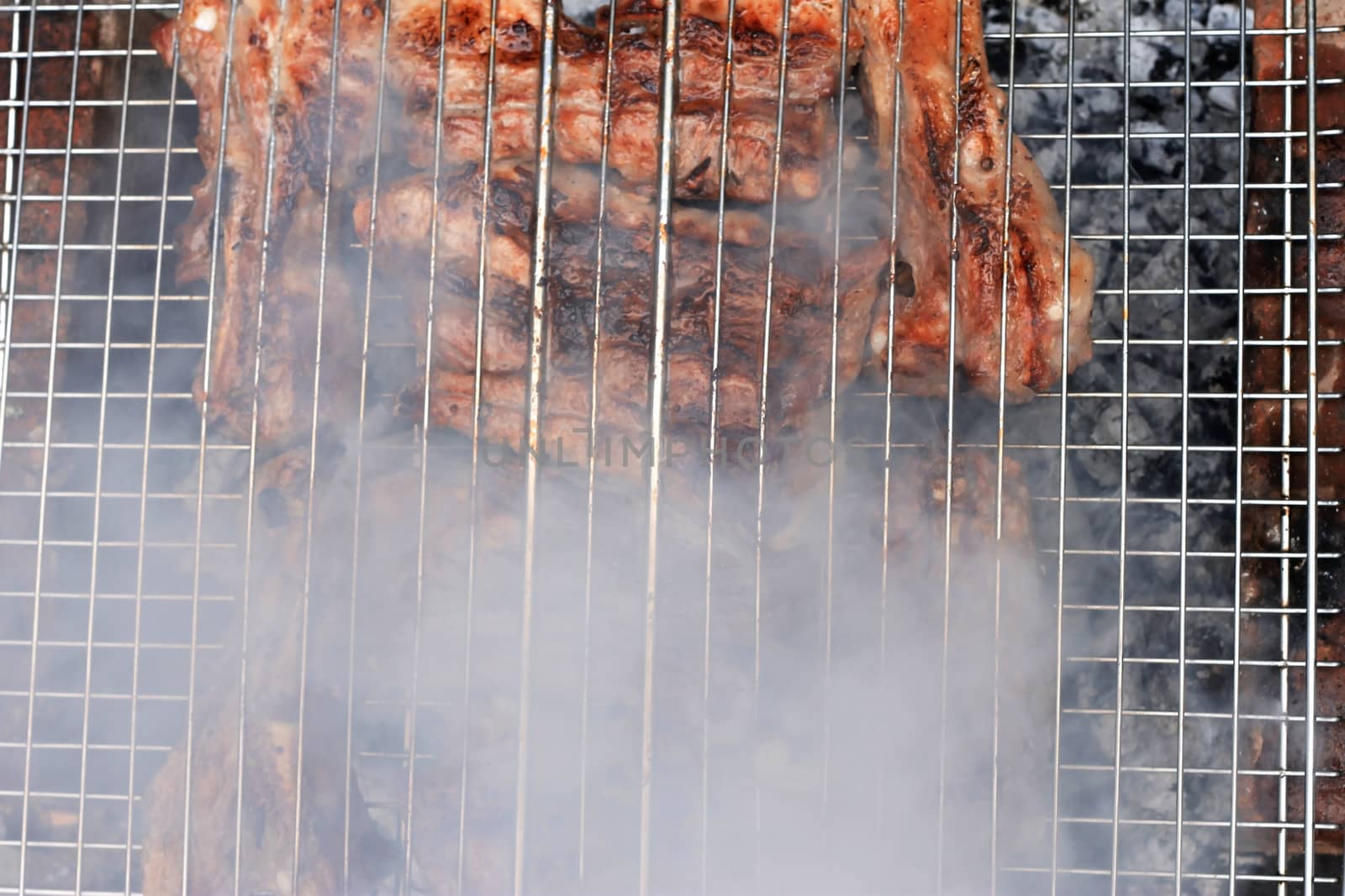 Barbeque fried on the bonfire and coals