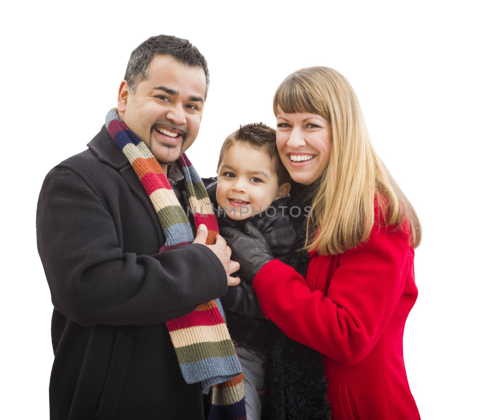 Happy Attractive Young Mixed Race Family Dressed in Winter Clothing Isolated on White.