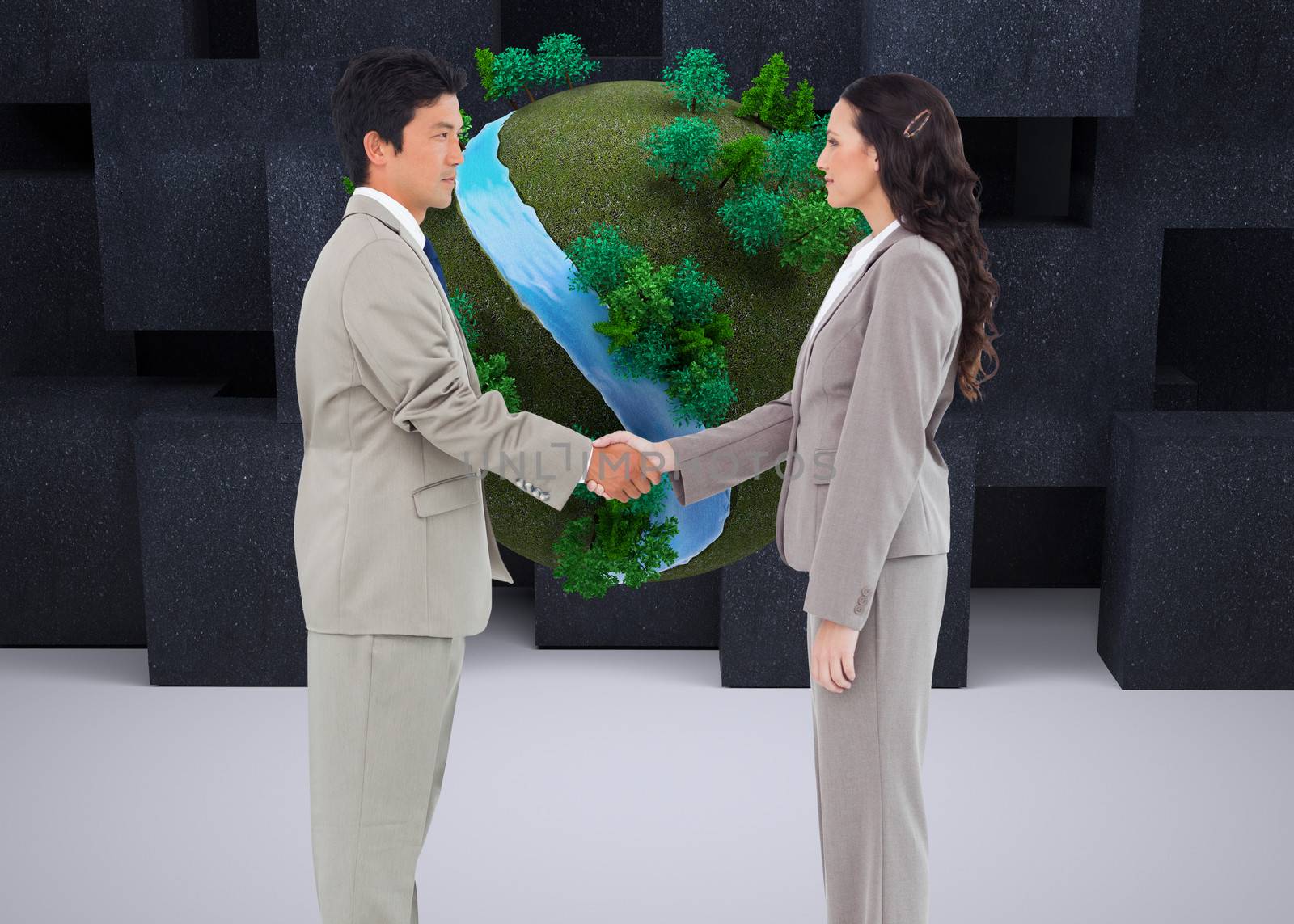 Composite image of side view of hand shaking trading partners by Wavebreakmedia