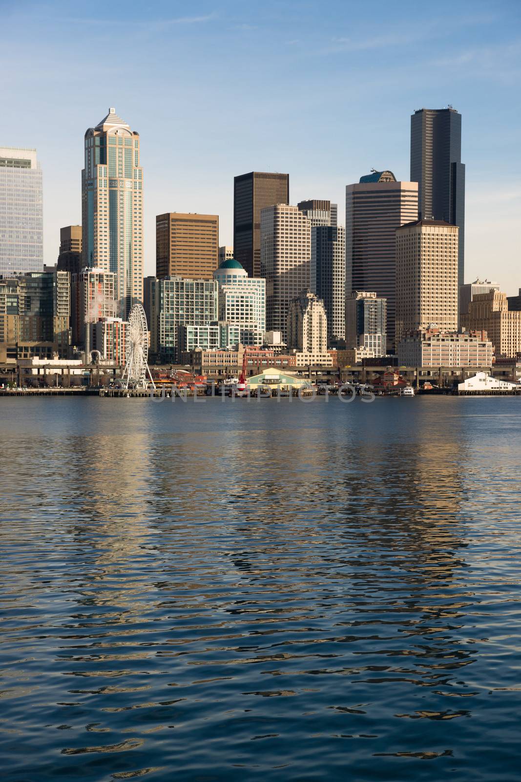 Waterfront Piers Dock Buildings Ferris Wheel Boats Seattle by ChrisBoswell