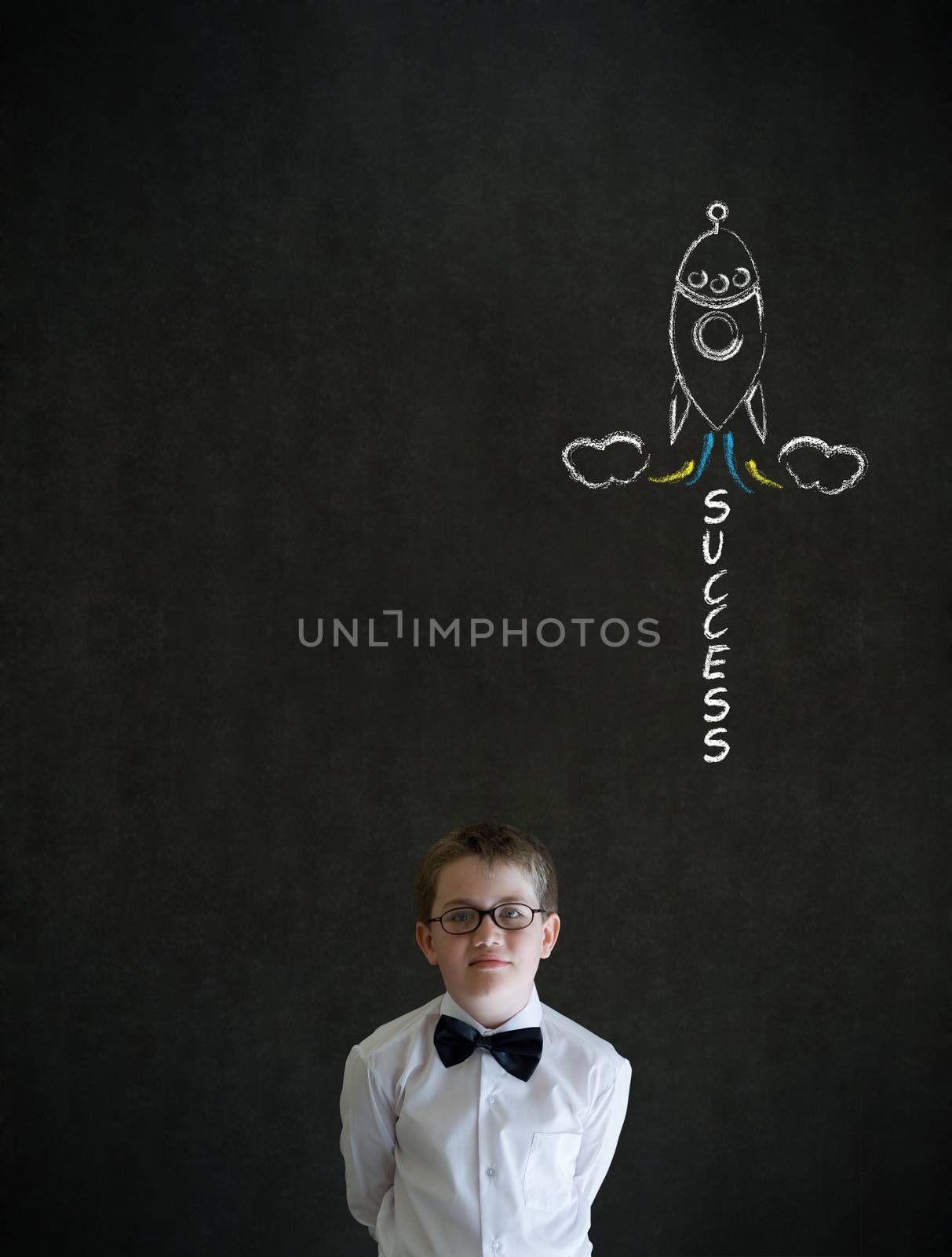 Thinking boy dressed up as business man with chalk success rocket on blackboard background