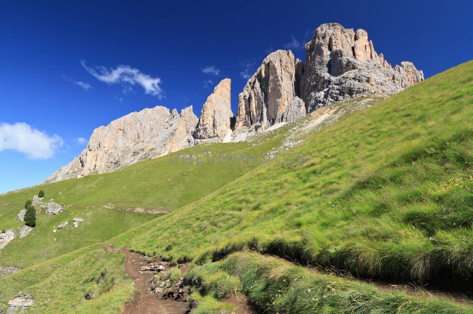 hiking beneath Sassolungo Mount on summer, Trentino, Italy