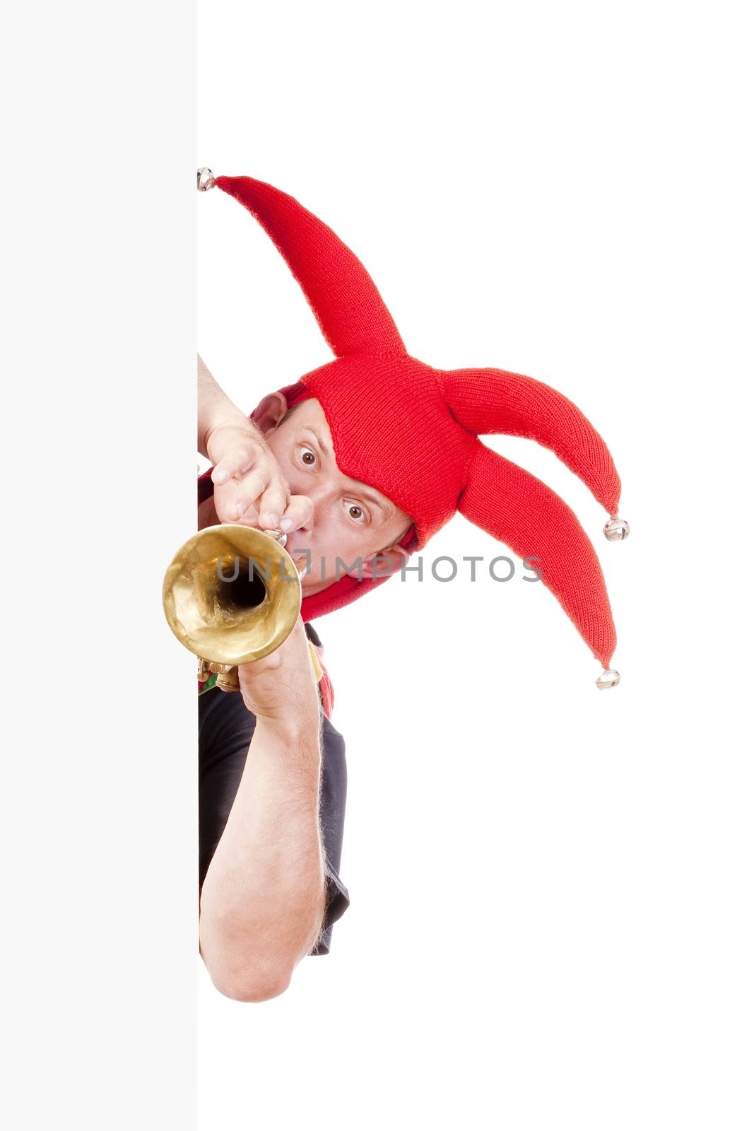 jester - entertaining figure in typical costume blowing trumpet