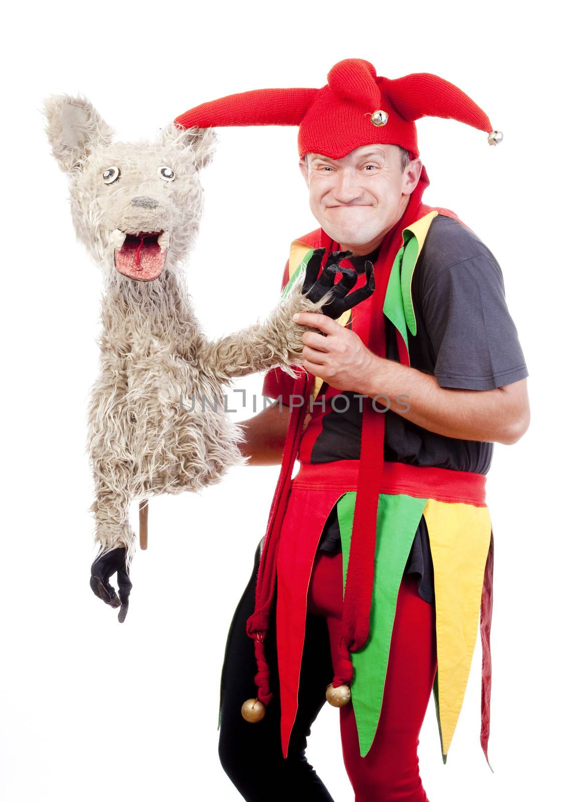 jester - entertaining figure in typical costume with puppet