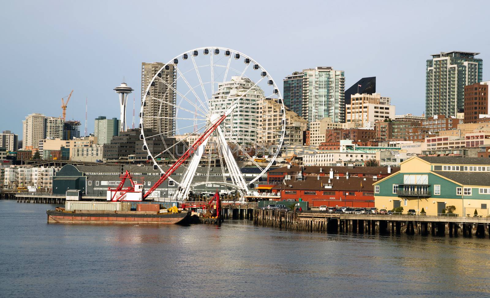Waterfront Piers Dock Buildings Needle Ferris Wheel Seattle by ChrisBoswell