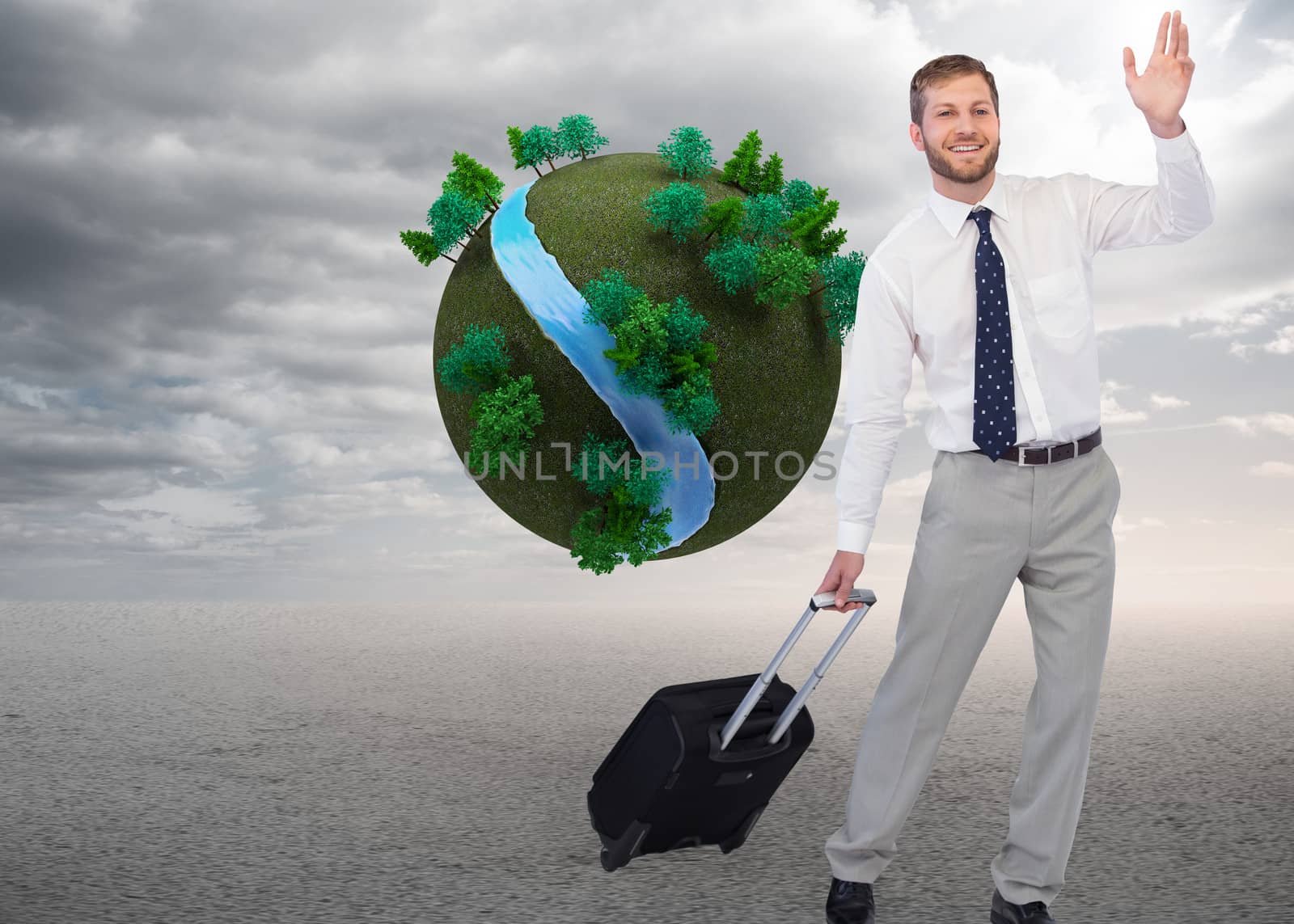 Composite image of handsome businessman with suitcase waving by Wavebreakmedia