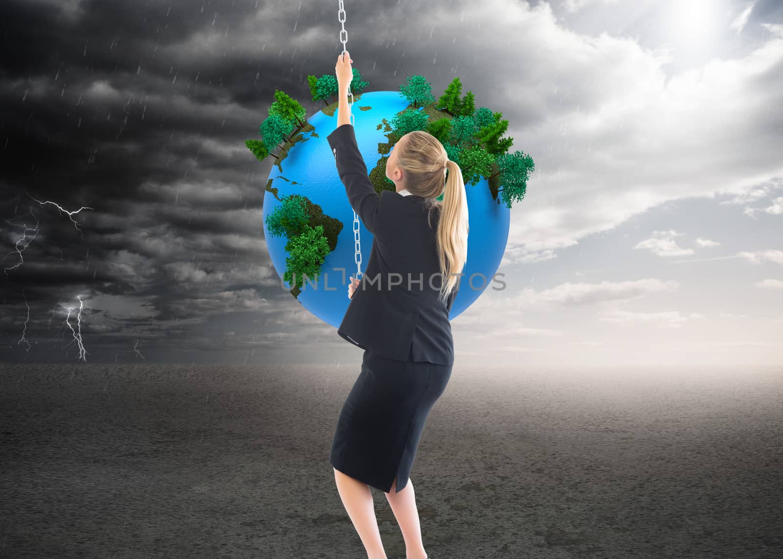 Composite image of businesswoman pulling a chain by Wavebreakmedia