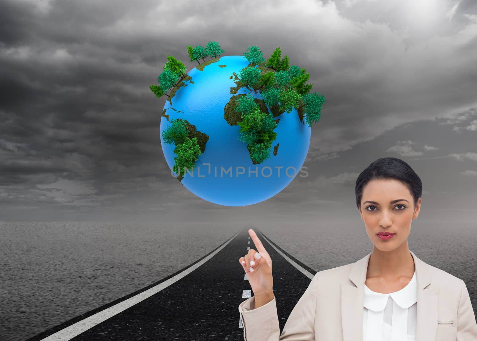 Composite image of serious businesswoman with hands up by Wavebreakmedia