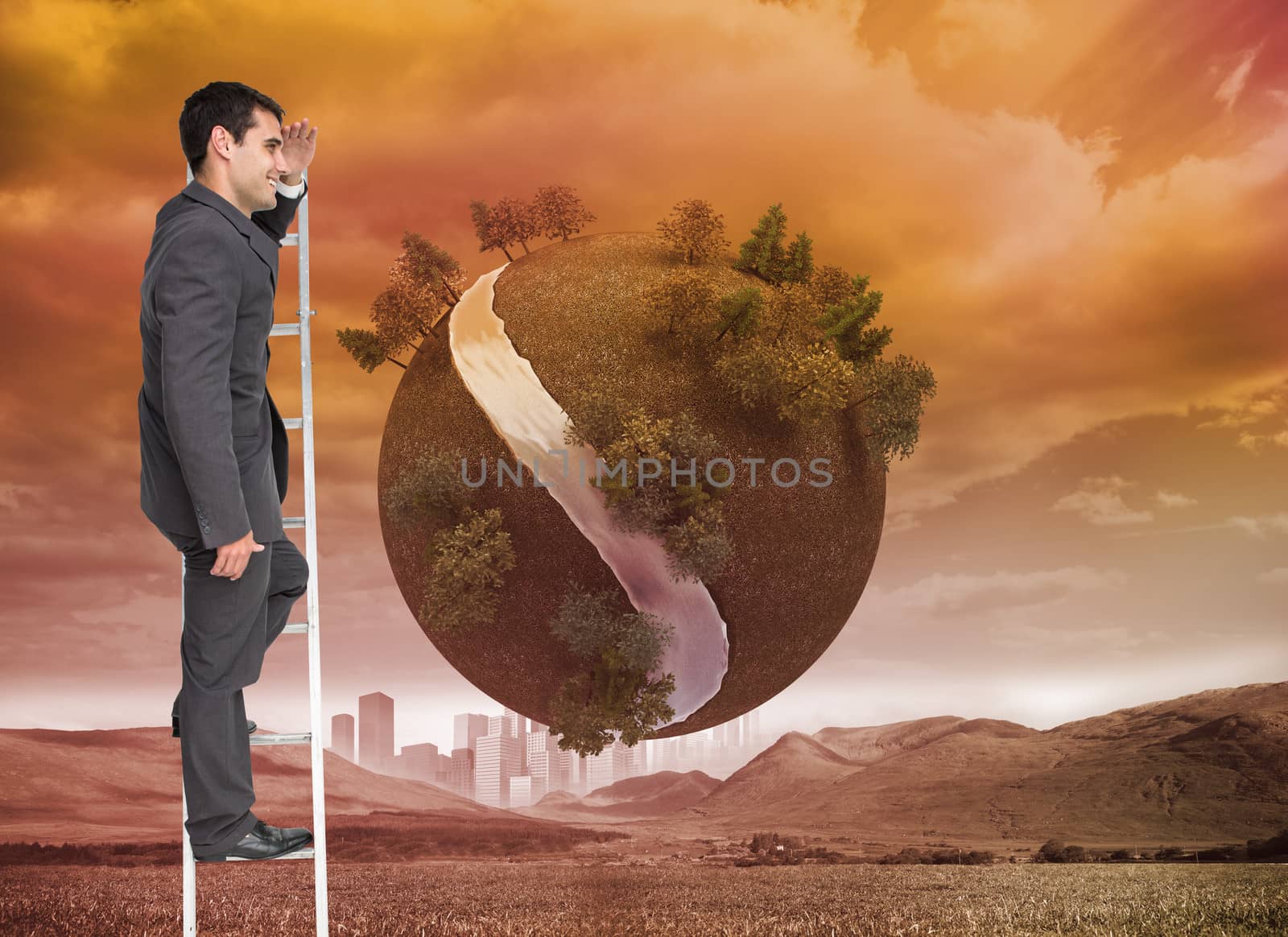 Composite image of happy businessman standing on ladder by Wavebreakmedia