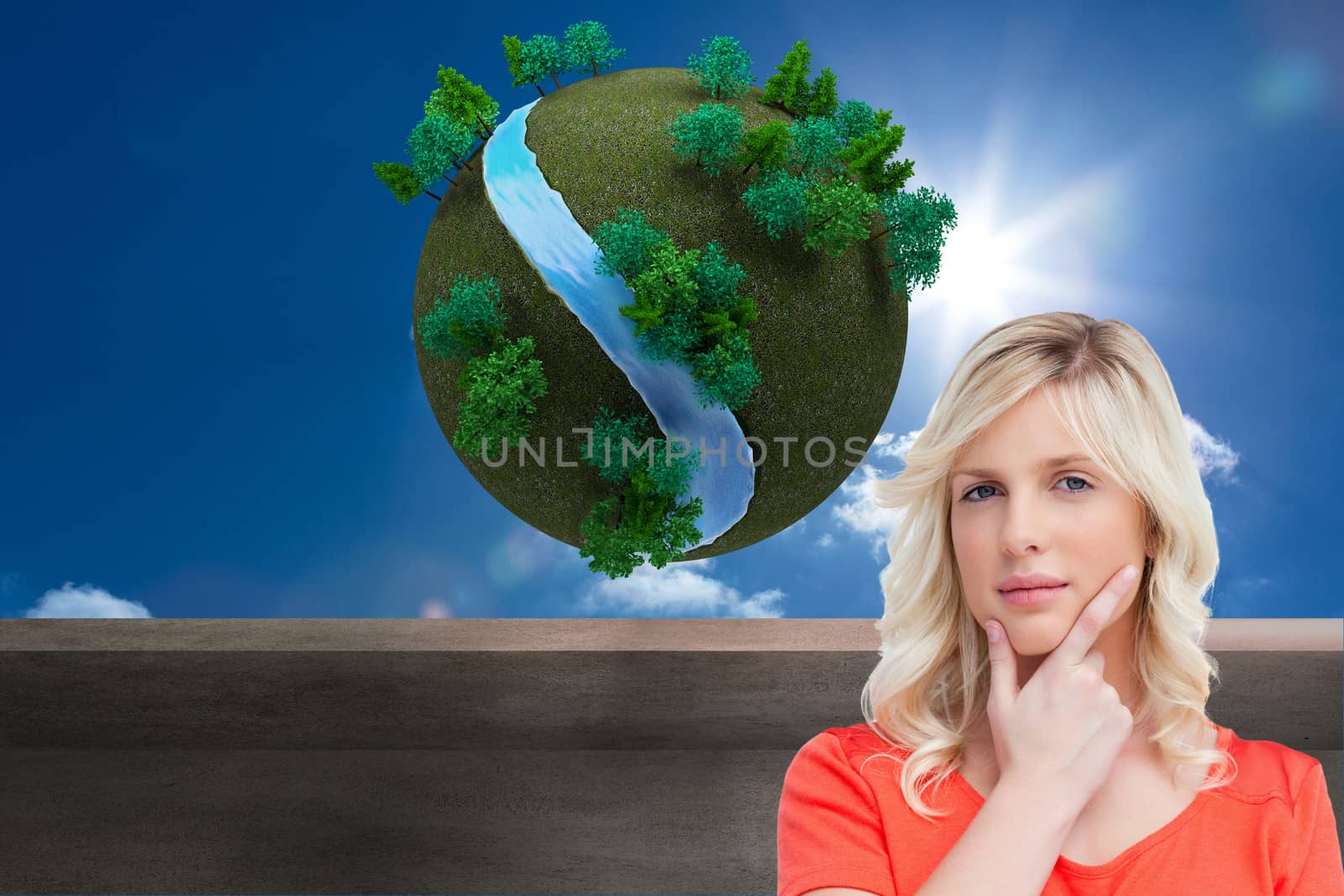 Composite image of teenager standing upright thoughtfully with her fingers on her chin by Wavebreakmedia