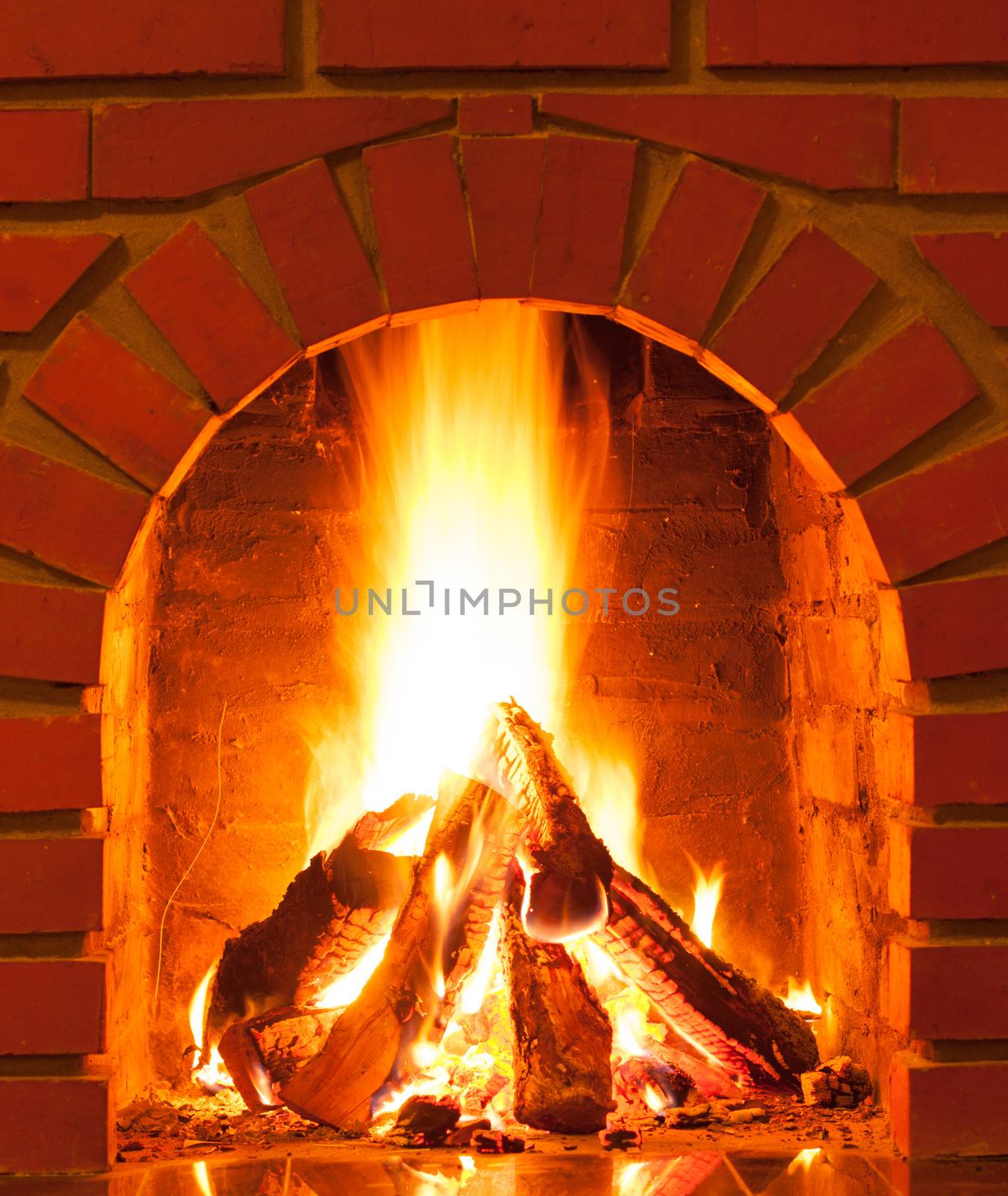 Burning fire in the brick fireplace, close up