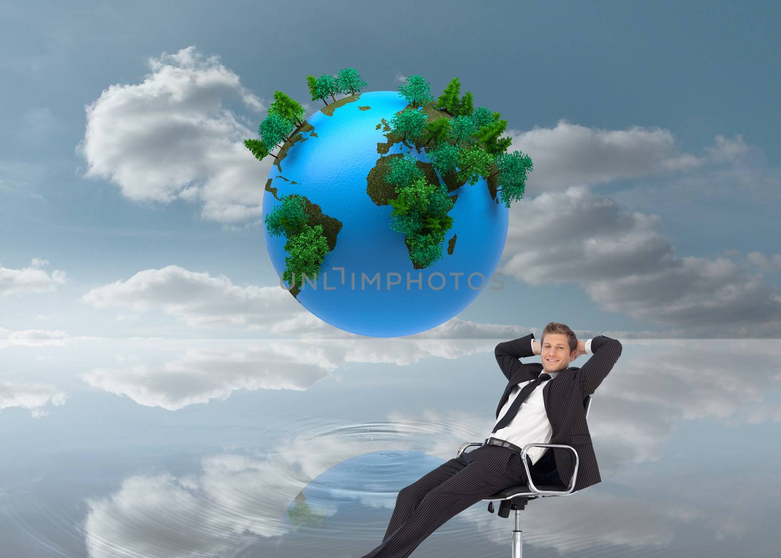 Composite image of manager relaxing in office with team in background  by Wavebreakmedia