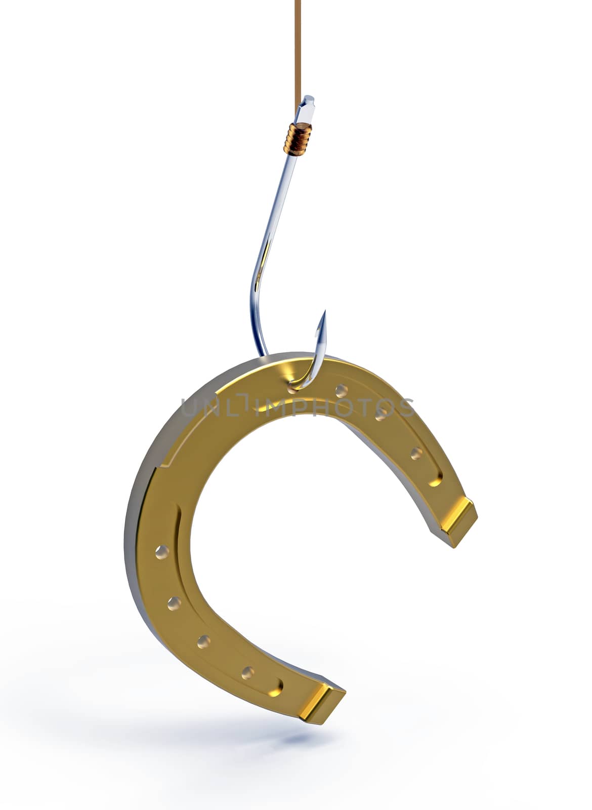 Golden horseshoe on the hook, 3D render, on the white background