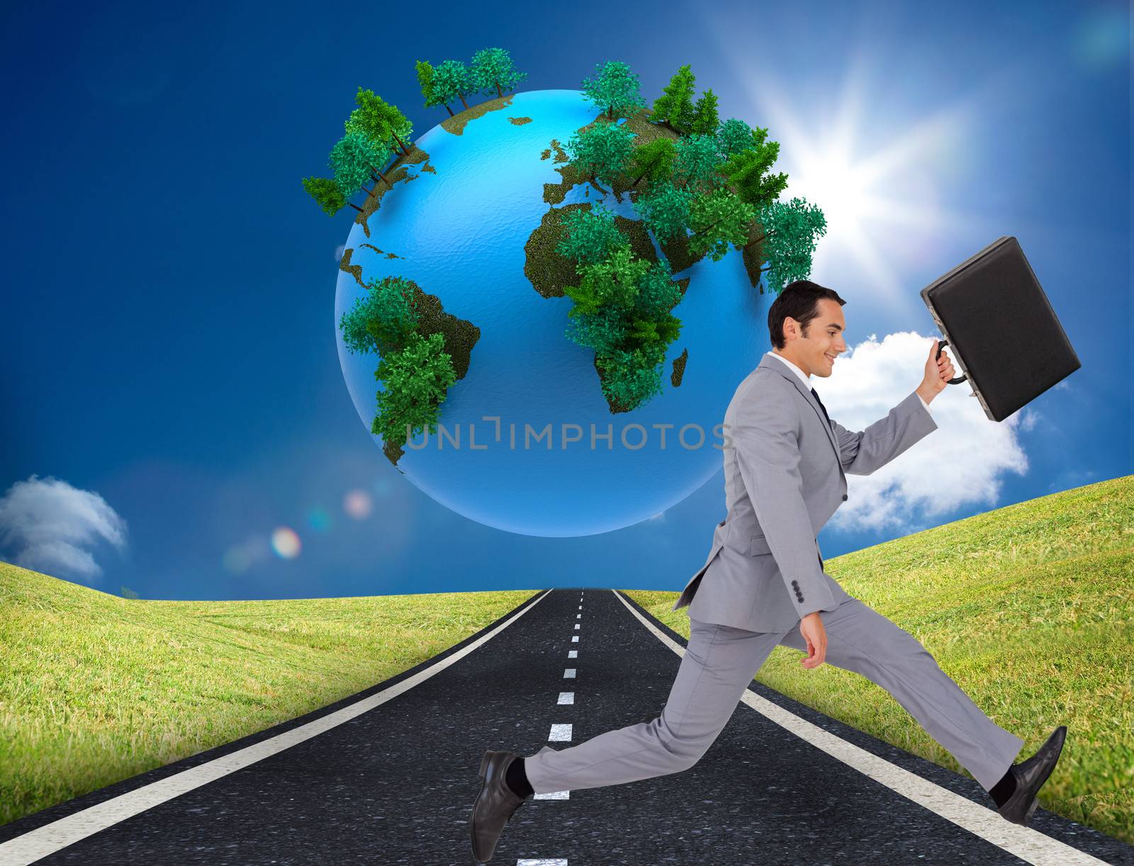 Composite image of businessman running with a suitcase by Wavebreakmedia