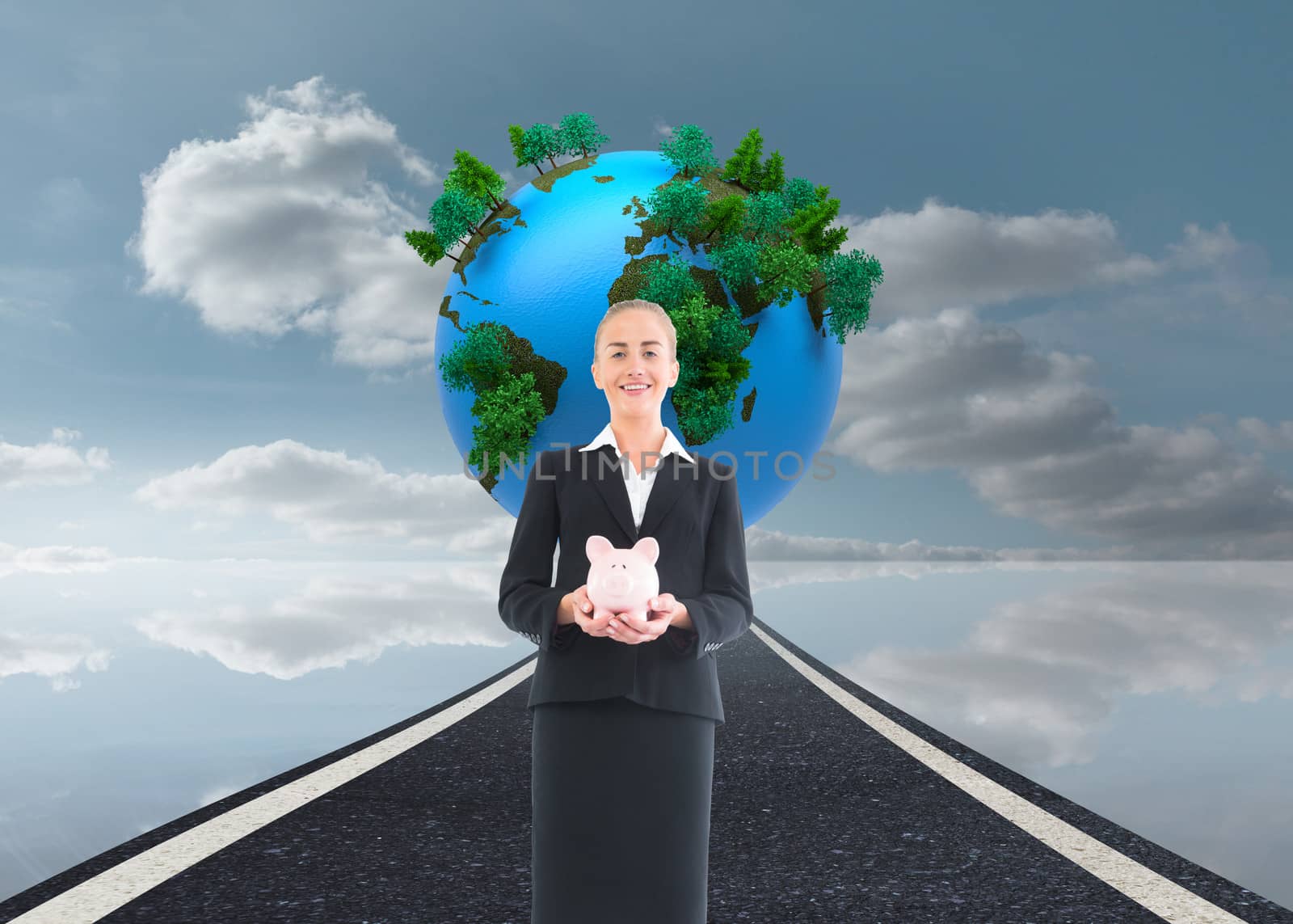 Composite image of blonde businesswoman holding pink piggy bank