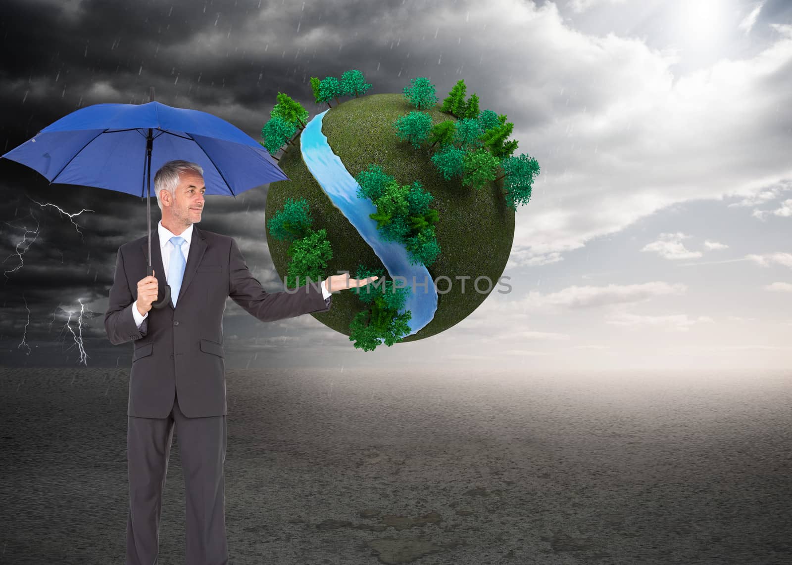 Composite image of happy businessman holding umbrella by Wavebreakmedia
