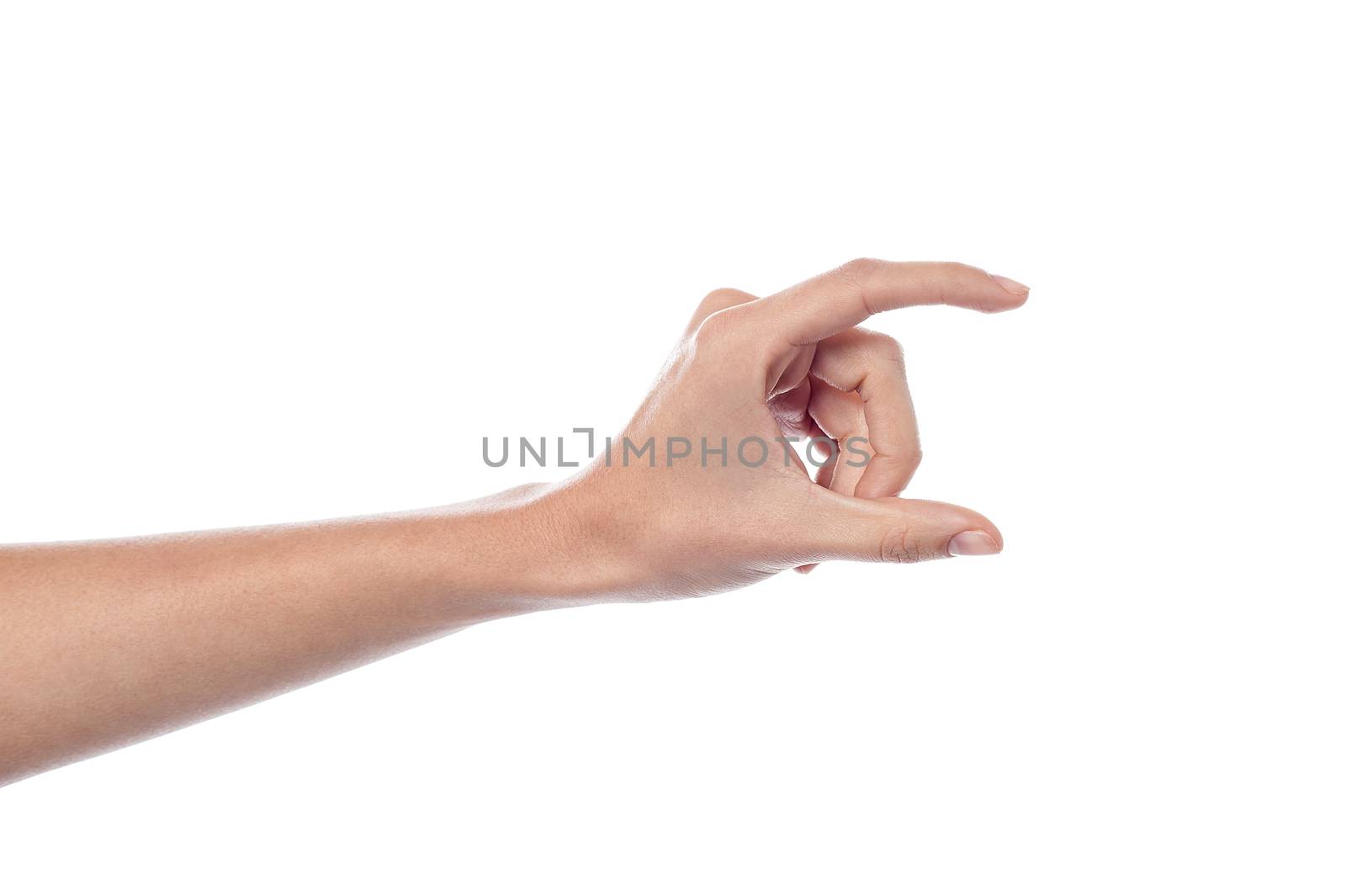 Woman hand in little gesture on a white isolated background