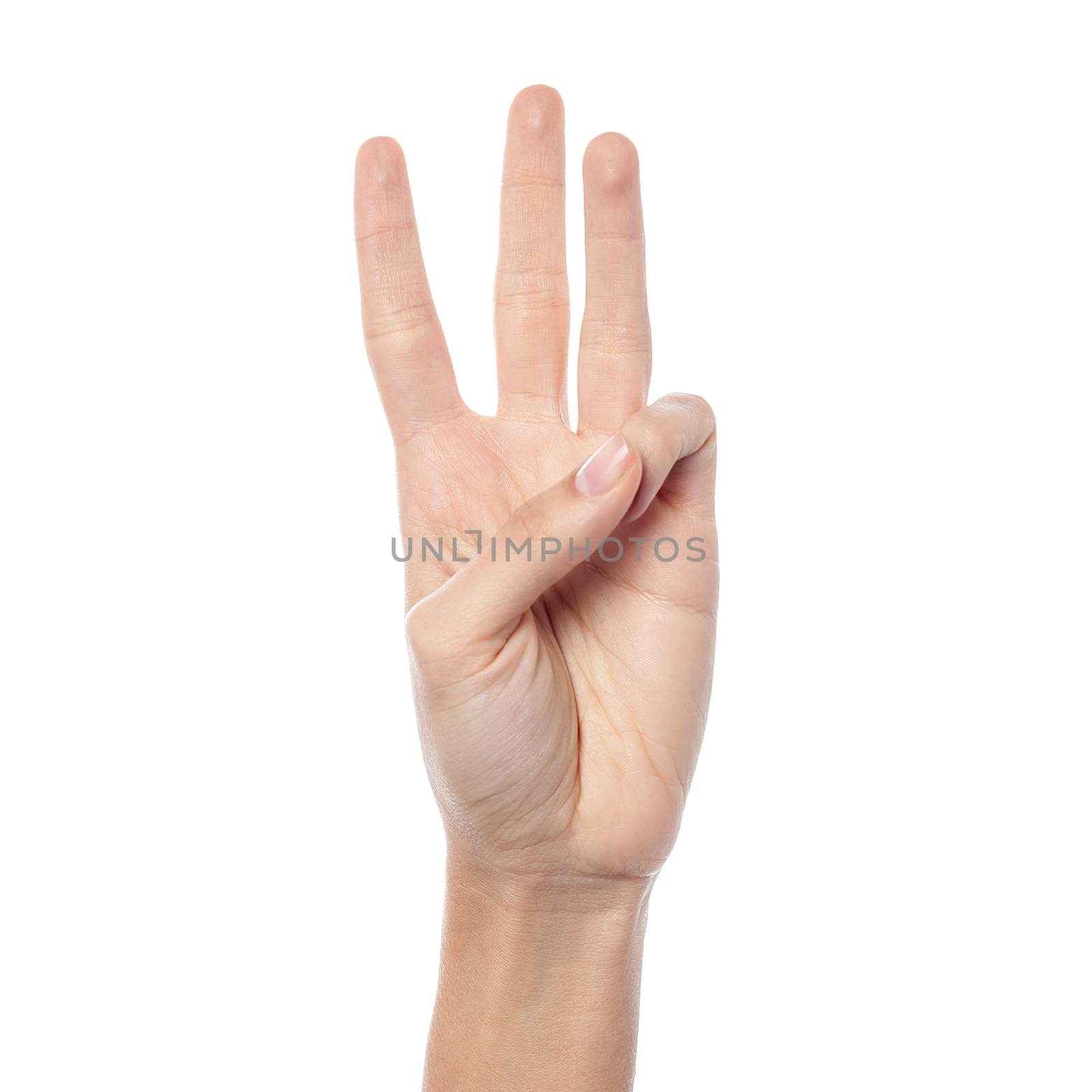 Woman hand showing number three, white background