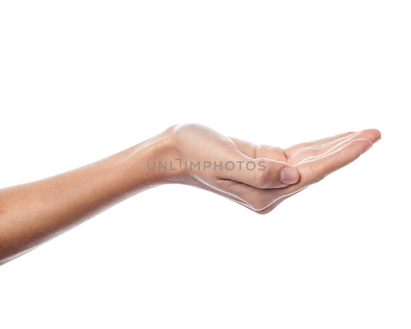 Empty female woman hand holding isolated on white