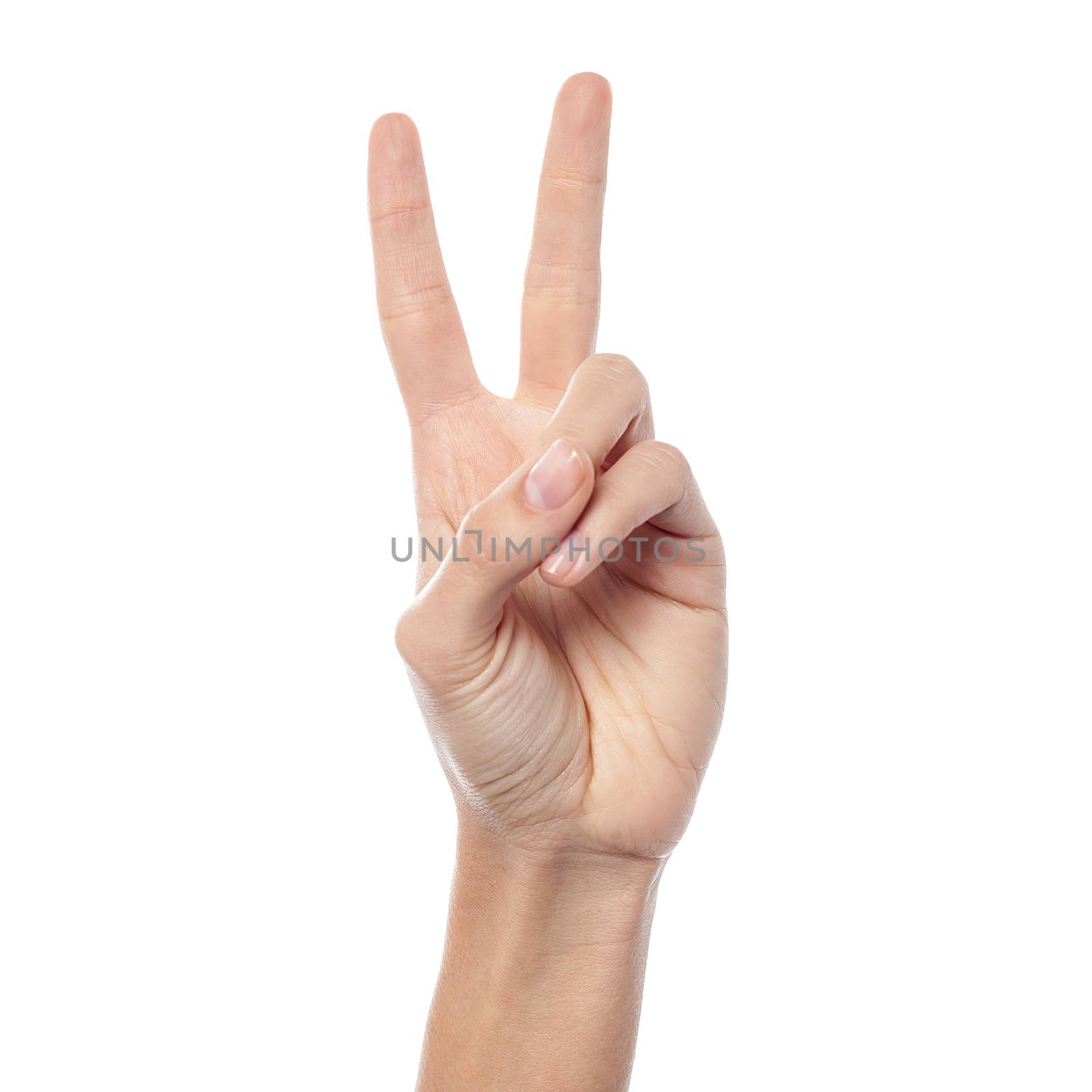 Woman hand in victory sign by stockyimages