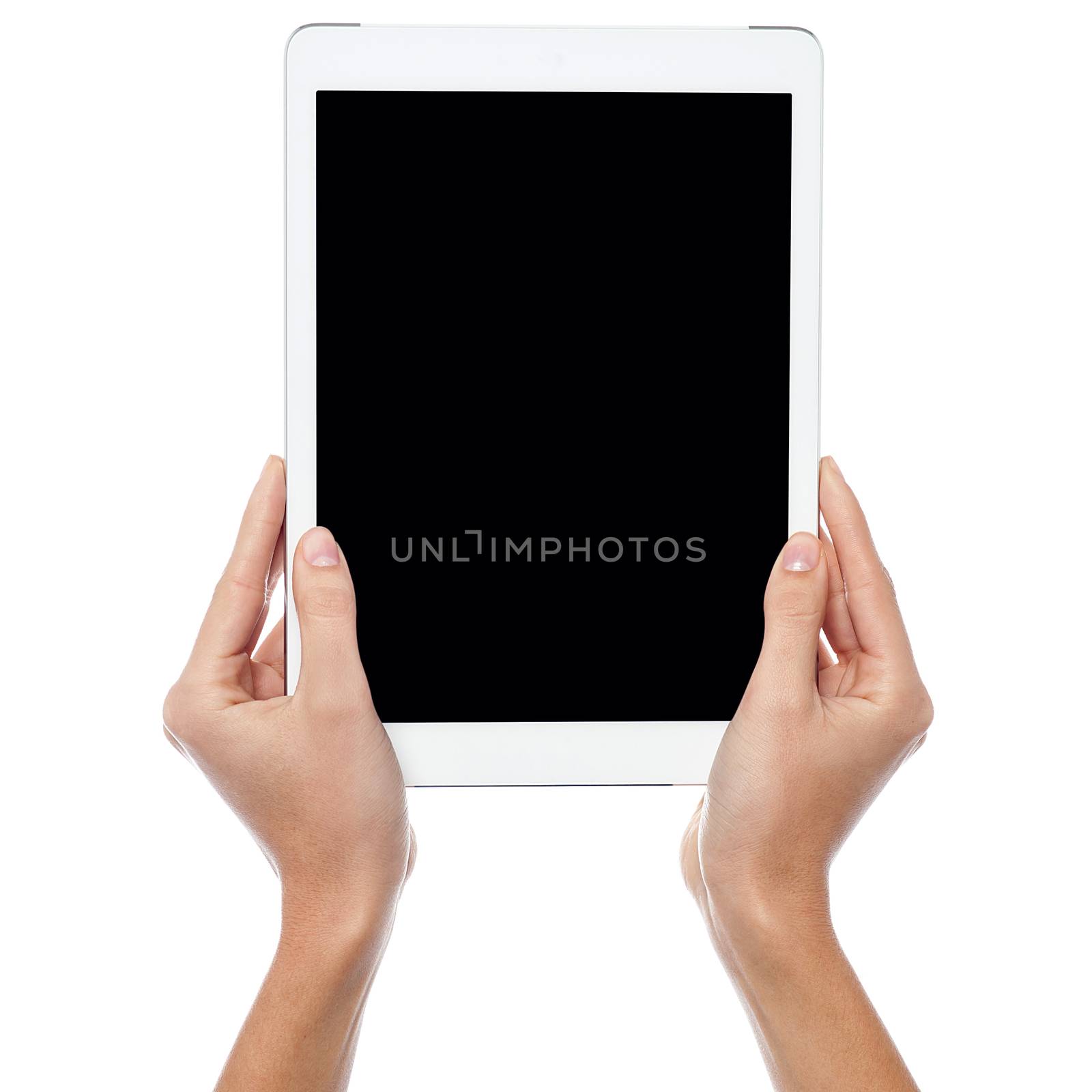 Woman hands displaying new tablet pc