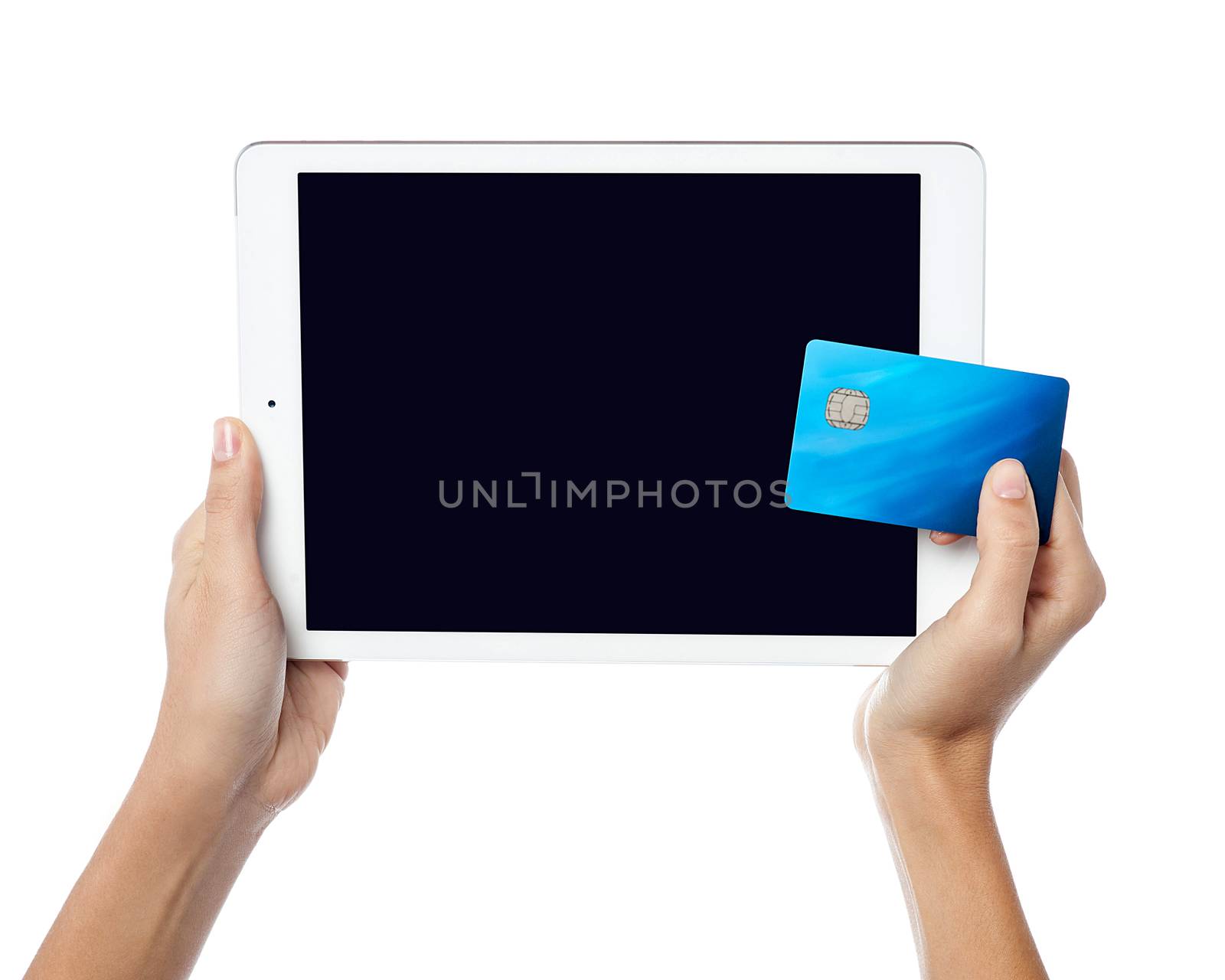Human hands holding cash card and tablet pc