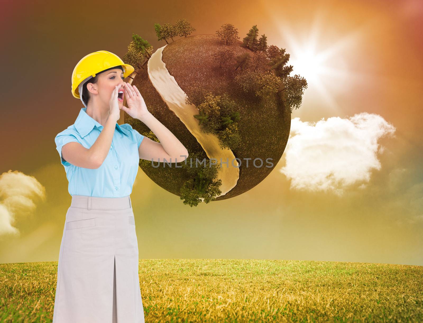 Composite image of attractive architect shouting at workers