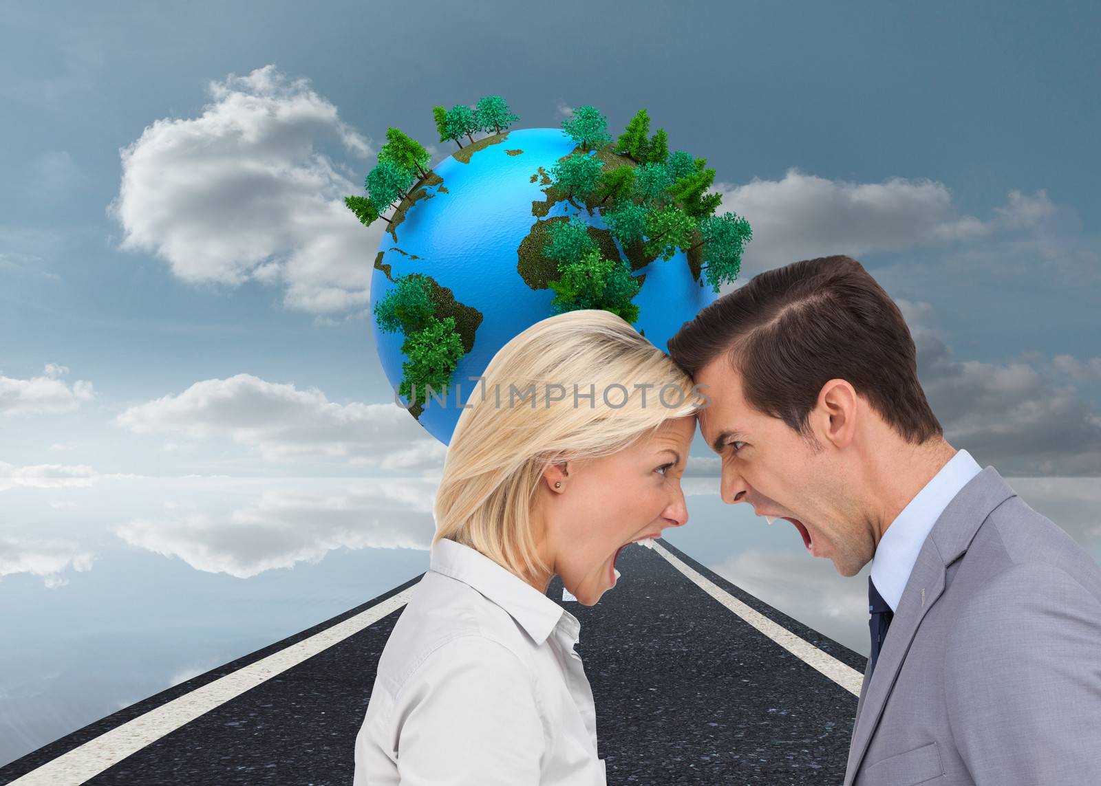 Composite image of colleagues quarreling head against head by Wavebreakmedia